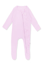 Ribbed Ruffle Zipper Footie in Thistle