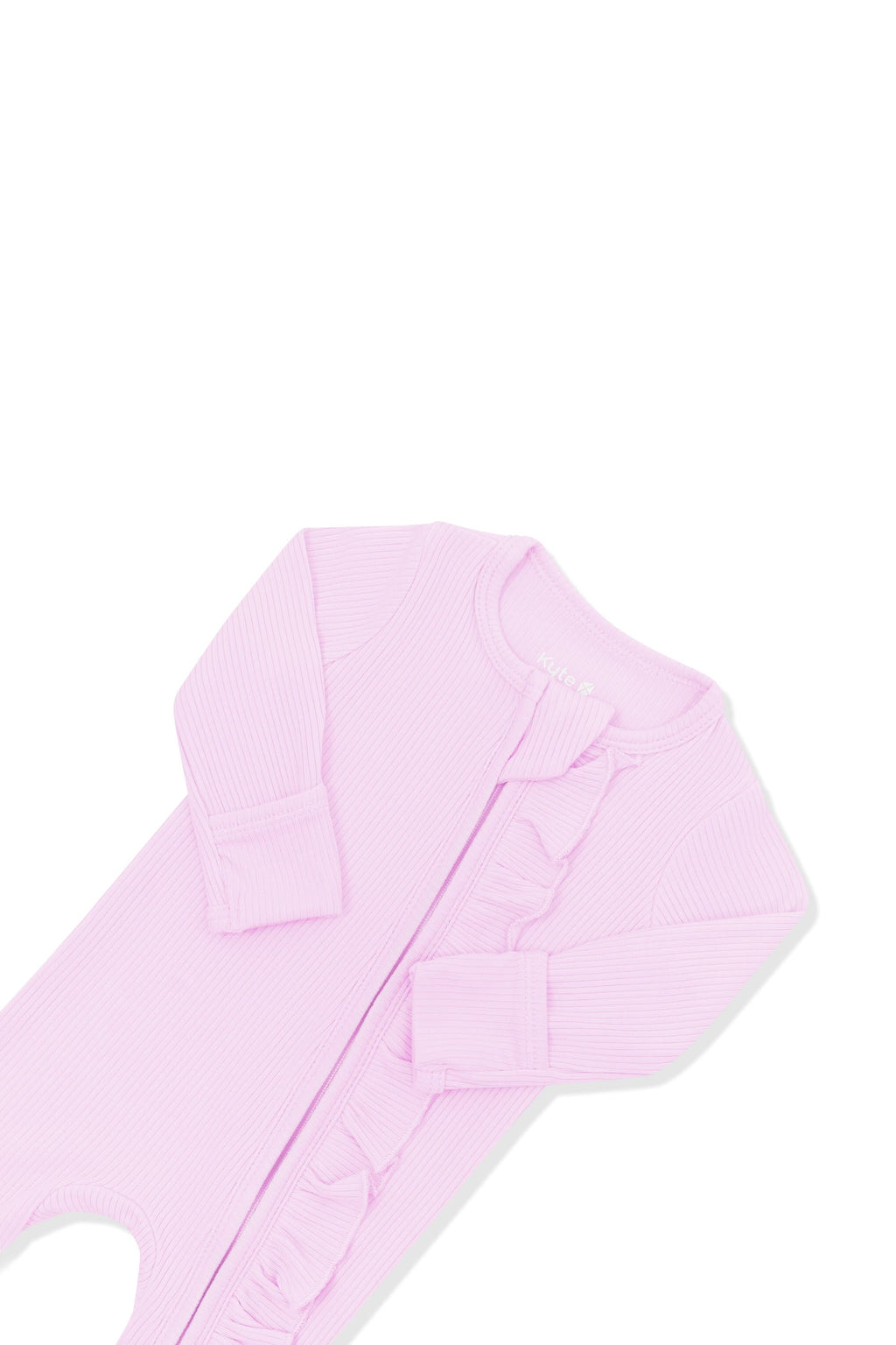 Ribbed Ruffle Zipper Footie in Thistle
