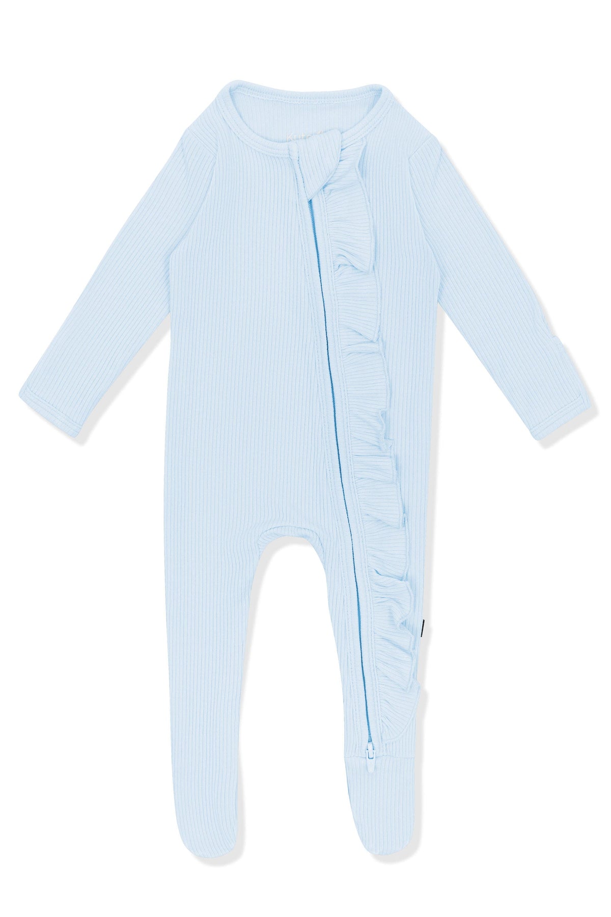 Ribbed Ruffle Zipper Footie in Breeze