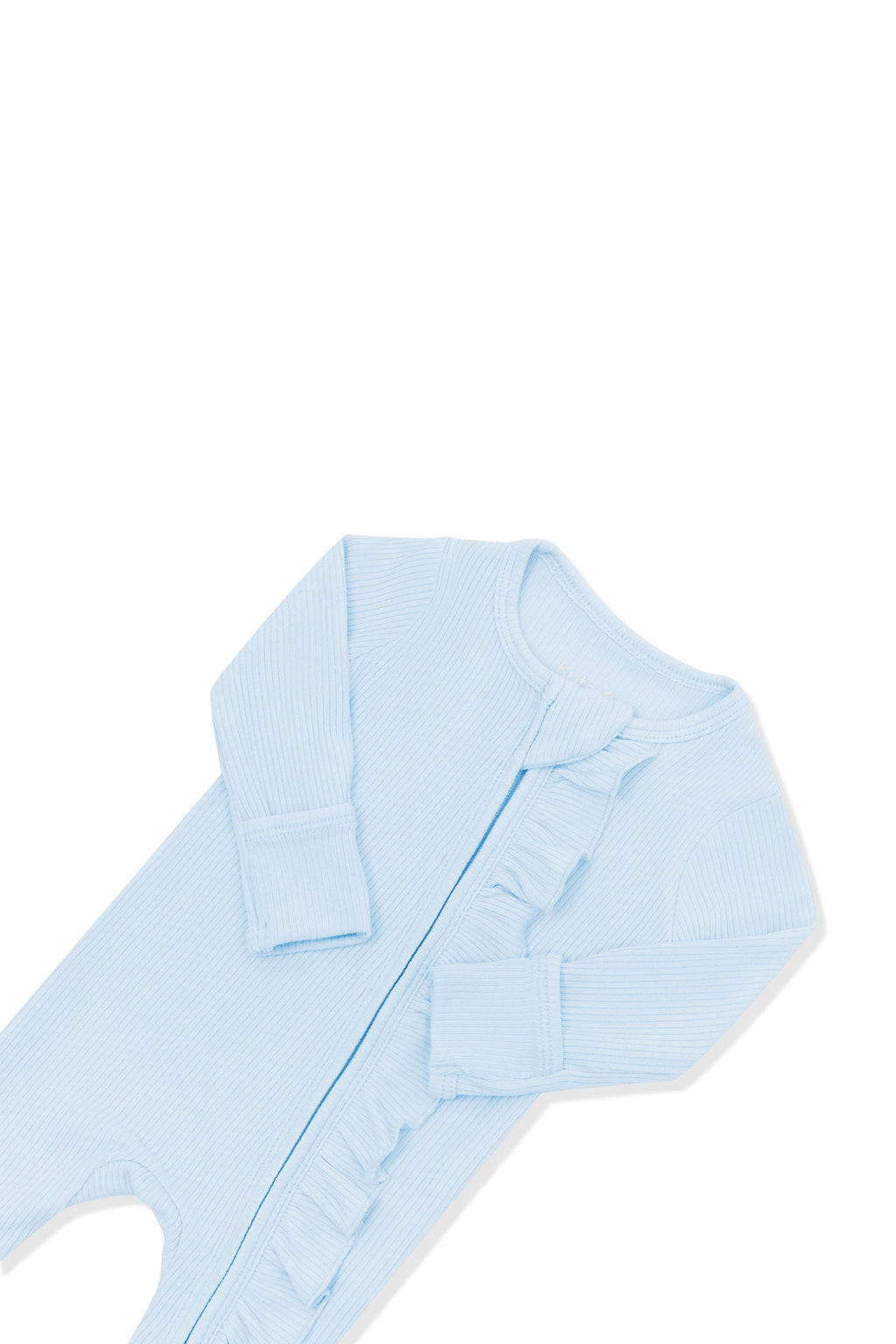 Ribbed Ruffle Zipper Footie in Breeze