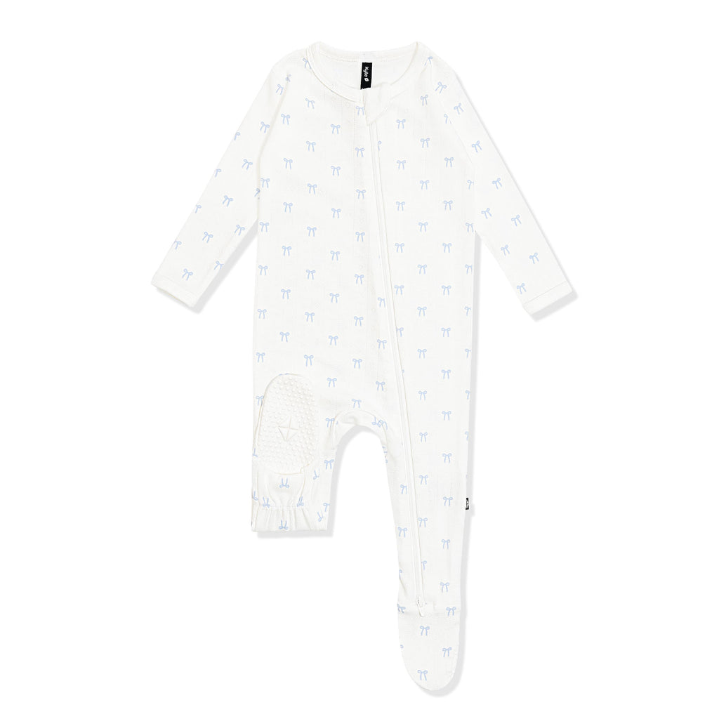 Pointelle Zippered Footie in Sweet Blue Bow