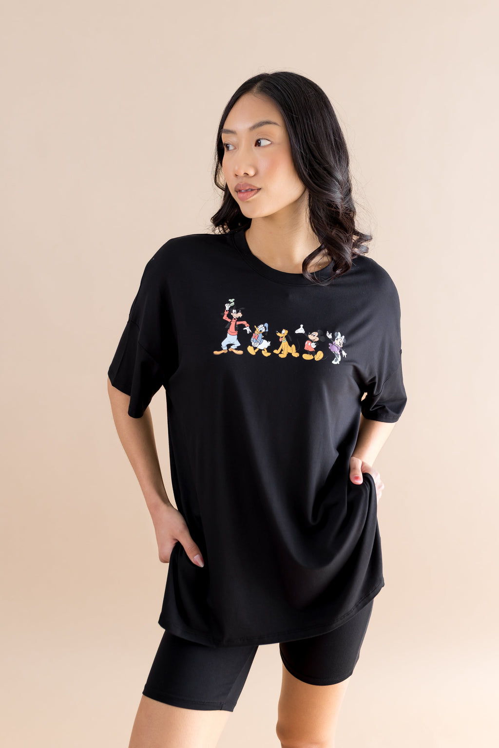Women’s Biker Short Set in Mickey and Friends on Midnight