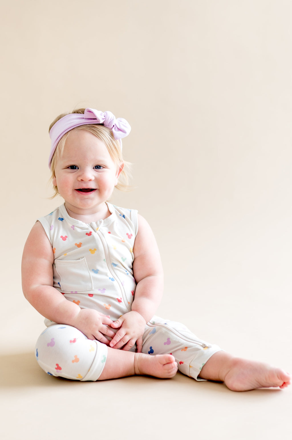 Zippered Sleeveless Romper in Pastel Mickey Mouse